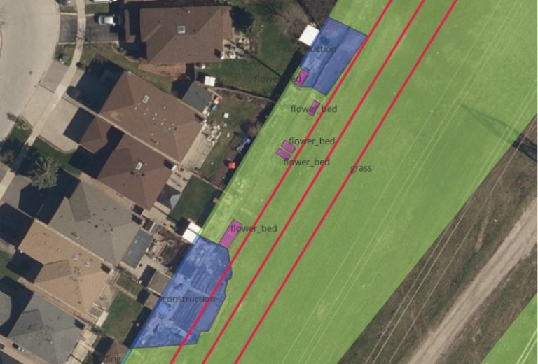 Backyards spilling into the utility corridor: storage structures and flower beds placed directly over buried infrastructure, increasing the risk of access obstruction and damage during future maintenance or emergencies.