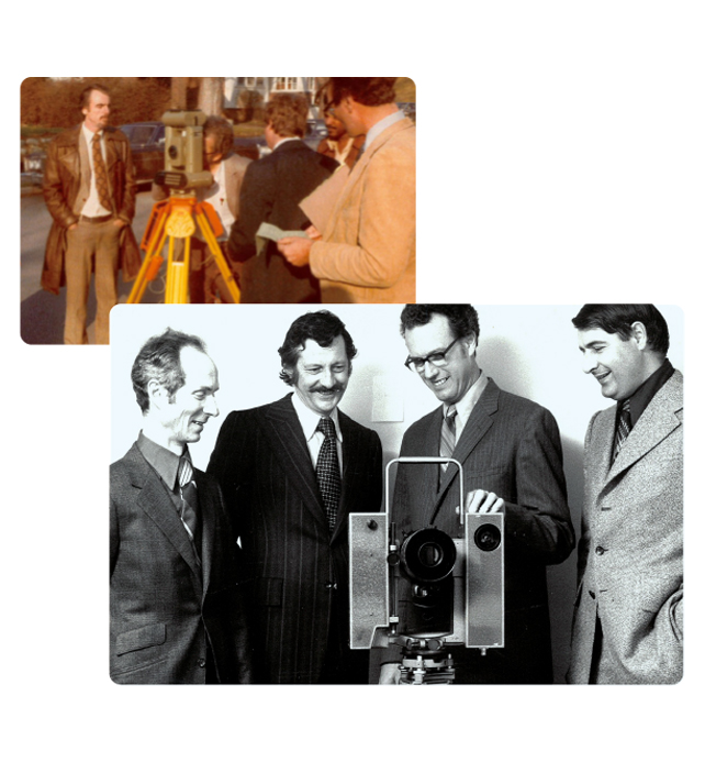 Two historical photos of J. D. Barnes and employees in front of survey equipment